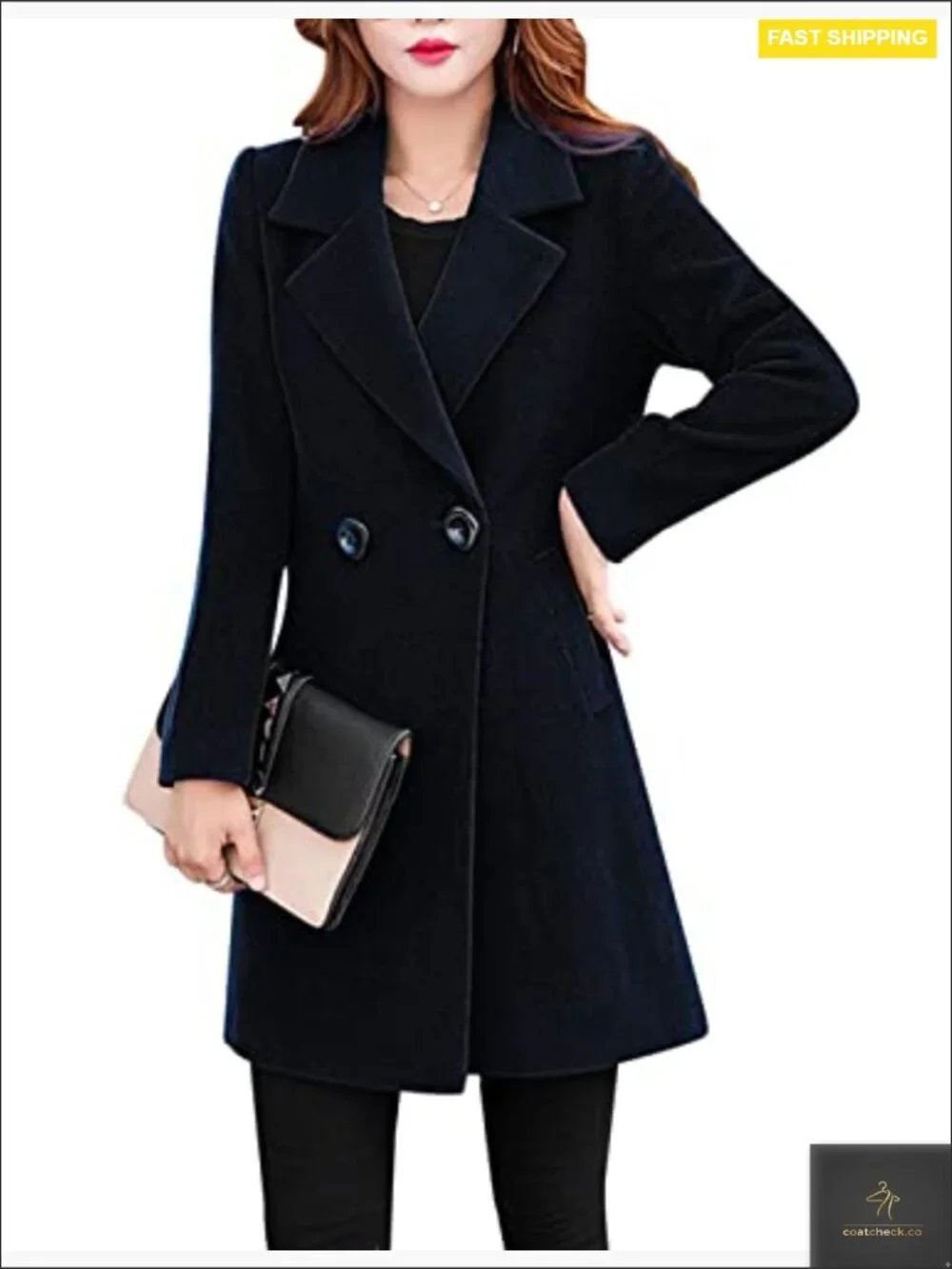 Elegant Notched Collar Wool Blend Long Pea Coat Overcoat Slim Fit Classic